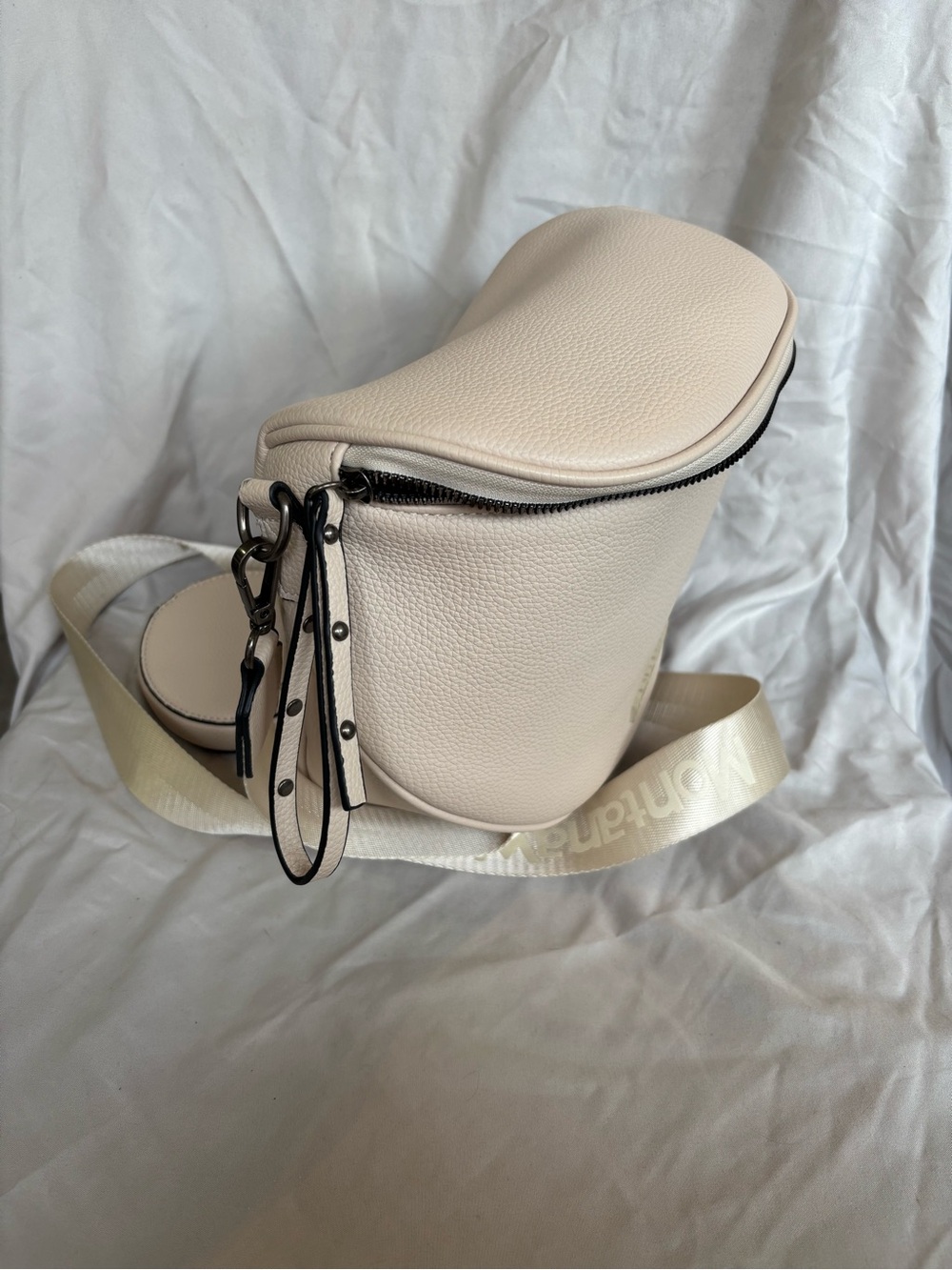 Montana West Cream Pebble Leather Crossbody with Wide Logo Strap